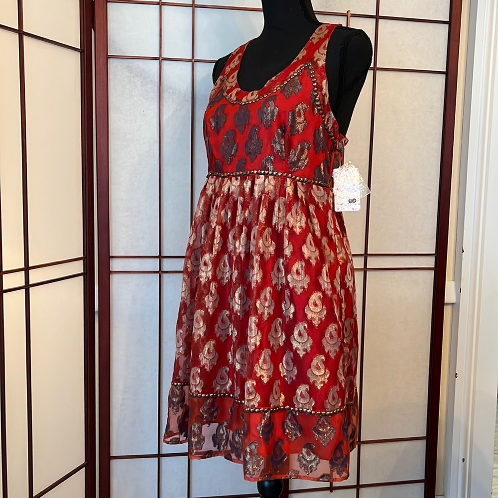 Free People NWT Red Combo Lined Dress size 6 with metallic thread embellished - Picture 1 of 7